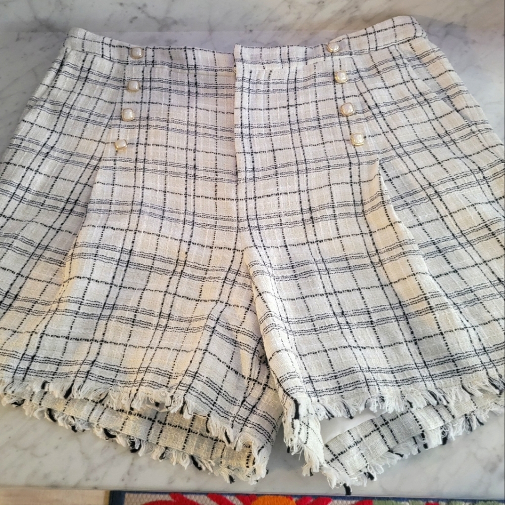 C Wonder Black and White Pleated Tweed Shorts